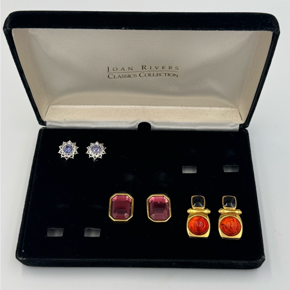 Vintage Joan Rivers Clip On Earrings Set 3 Pair Classics Collection w Box